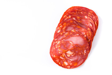 Cold meat chorizo slices isolated on white background. Copyspace