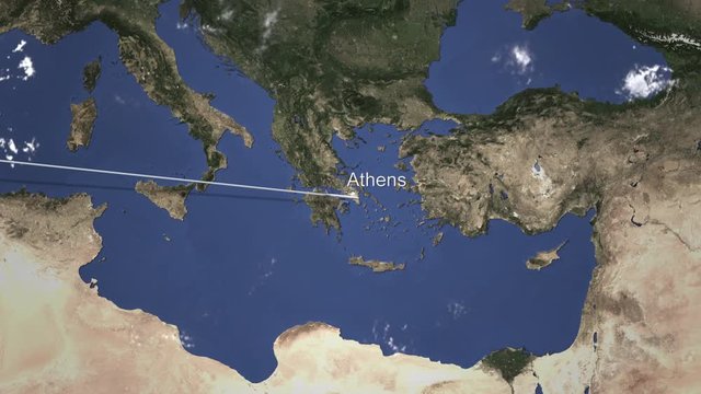 Commercial airplane flying to Athens, Greece. Intro 3D animation 