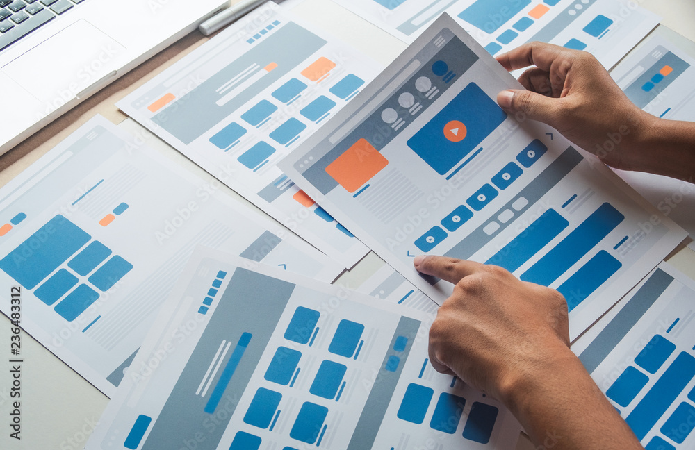 Poster Website designer Creative planning application developer development draft sketch drawing template layout prototype framework wireframe design studio . User experience concept .