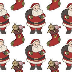 Christmas pattern with Santa Clause and Christmas sock. Background