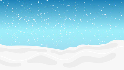 Snow winter sky background with hills and snowfall. Vector illustration.