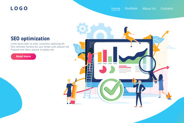 Fototapeta na wymiar Seo optimization modern flat design isometric concept. Search engine and people concept. Landing page template.