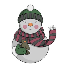 Cute snowman with a bird. Greeting. Card. Vector. Merry Christmas. White background