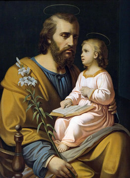 Saint Joseph holding child Jesus, painting in the Saint Nicholas church in Petschied near Luson, Italy