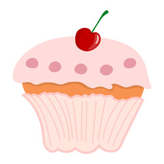 Pink Cupcake with Cherry isolated on white background. Vector Illustration for Your Design.