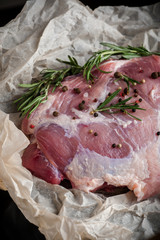 fresh meat on a wooden board. Steak, ribs polar bear, heel