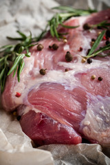 fresh meat on a wooden board. Steak, ribs polar bear, heel