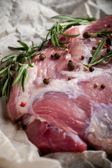 fresh meat on a wooden board. Steak, ribs polar bear, heel