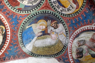 Nativity Scene, fresco in the cloister, Cathedral of Santa Maria Assunta i San Cassiano in Bressanone, Italy