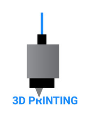 Vector illustration of 3D printing – fused deposition modeling. Print head, filament and lettering isolated on a white background. It can be used as an icon or logo of 3D printing.
