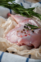 fresh meat on a wooden board. Steak, ribs polar bear, heel