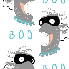 Wzór ładny potwory z napisem BOO. Szary zabawny ilustracja potwora dla dzieci, chłopców, dziewcząt. Wektor wzór dla piżamy, tkaniny, tkaniny - 236486774