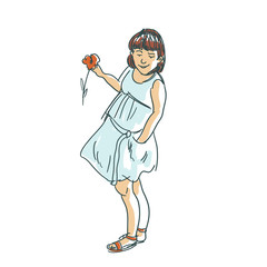 Mała dziewczynka zostaje z kwiatem. Dziewczyna charakteru wektorowa ilustracja, pojęcie szczęśliwy dzieciństwo - 236486784