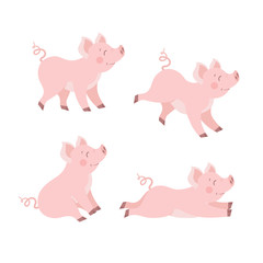 Cute pig set. Piglet cartoon vector illustration. Happy piggy collection isolated on white