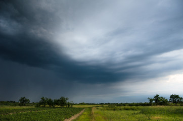 Fototapeta na wymiar Storm clouds over the green field, Rain summer clouds.