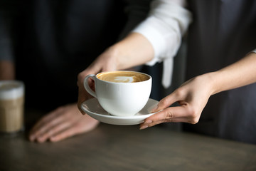 Close up of barista holding aromatic cappuccino, serving it to coffeeshop visitor, waitress giving cup of fresh brewed coffee with milk foam to cafe guest, bringing latte drink to coffeehouse table