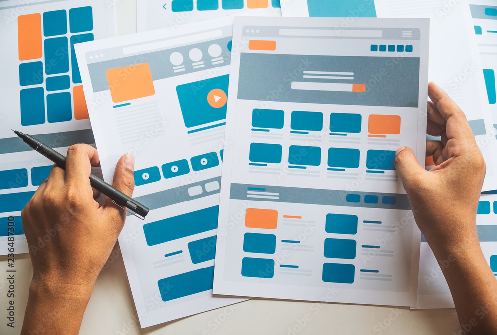 Poster Website designer Creative planning application developer development draft sketch drawing template layout prototype framework wireframe design studio . User experience concept .