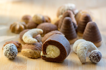 Various kinds of Christmas cookies, cocoa wasp nests, coconut balls, sweet vanilla rolls, cinnamon sandbakelse sweets