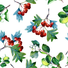 Plant seamless pattern of twigs with berries painted in watercolor.