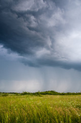 Storm clouds over the green field, Rain summer clouds.