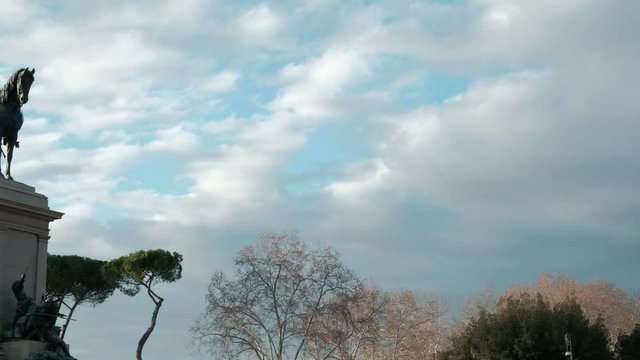 Camera panning left reveal of Giuseppe Garibaldi statue monument at Janiculum Terrace in Gianicolo Park in Rome, Italy. 4K UHD at 29.97fps