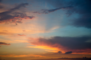 Beautiful pink-orange sunset of the summer sun. Unusual sunset.