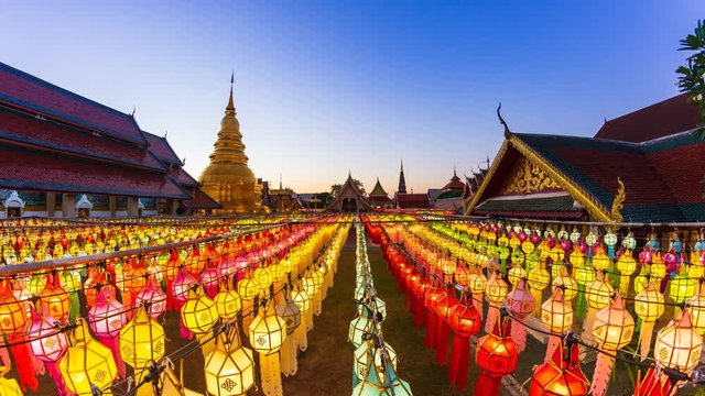 Wat Phra That Hariphunchai and Many Lanterns Decorations in Loi Krathong Festival Of Lamphun, Thailand 4K Day to Night  Time Lapse