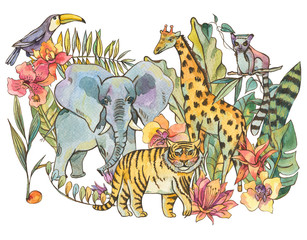 Watercolor jungle illustration, Natural Exotic Tropical Greeting Card with wild animals, flowers of orchids