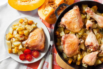 One-pot meal - chicken thighs and legs with potatoes and pumpkin