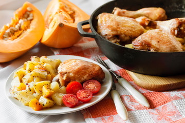 One-pot meal - chicken thighs and legs with potatoes and pumpkin