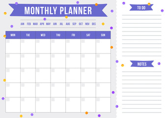 Monthly planner with watercolor dots in minimalism style. Vector layout sheet with hearts on pink background. Template for organizer, notes, print, office and school.
