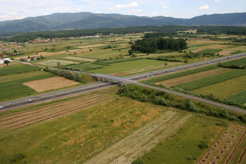 Fototapeta na wymiar Aerial shot of highway A1 near Zagreb, Croatia