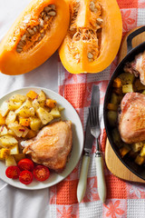 One-pot meal - chicken thighs and legs with potatoes and pumpkin