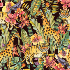 Watercolor Seamless Pattern with flowers of orchids, monstera, palm, liana, tiger, giraffe