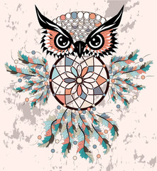 Hand drawn dreamcatcher with an owl, feathers and all seeing eyes. Indian talisman in boho style. American ethnic symbol. Shamanism, religion, occultism. - obrazy, fototapety, plakaty