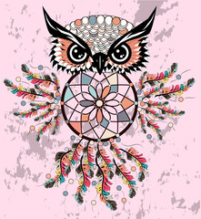Dreamcatcher owl boho style cartoon character abstract bohemian object feathers