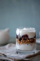 Granola, yogurt and jam. Delicious and healthy breakfast.