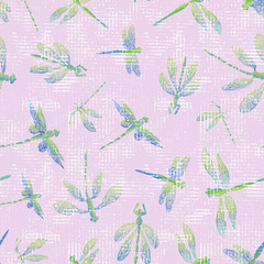 Abstract dragonflies with lace design wings and worn canvas texture effect. Seamless vector pattern.