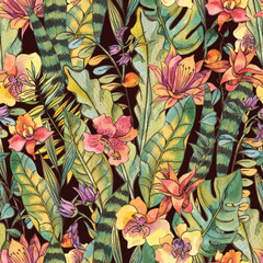 Watercolor seamless pattern, Exotic natural vintage blooming orchid flowers