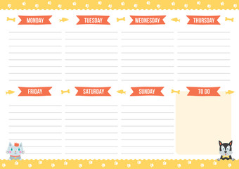 Cute weekly planner with drawn cat and dog. Template with place for notes. Vector illustration for print, office, school.
