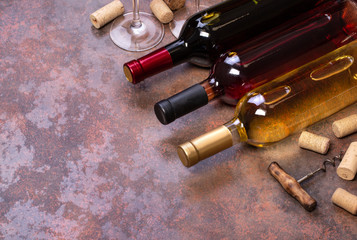 wine bottles and glass on table with copy space,