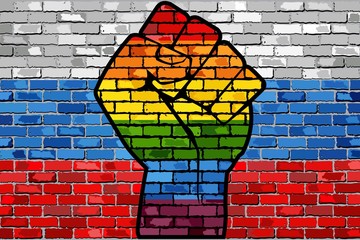 LGBT Protest Fist on a Russia brick Wall Flag - Illustration, 
Brick Wall Russian flag and Gay flags