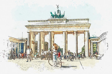 A watercolor sketch or illustration of the Brandenburg gate in Berlin, Germany. Architectural monument in historic center of Berlin. - obrazy, fototapety, plakaty