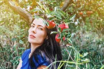 Sexy brunette girl in a wild garden near a branch of an apple tree with large red apples. Rest on nature. Women Health. Summer memories. Sexuality, femininity