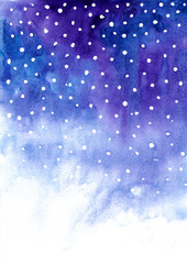 Snowfall Winter night background Christmas Card template Dark blue watercolor texture Ombre gradient background