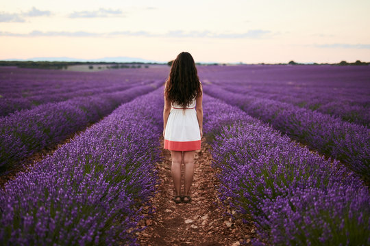 Young woman standing between violet lavender field