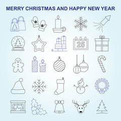 Simple winter set of Christmas icons. Vector Line Icons