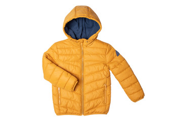 Childrens winter jacket. Stylish childrens yellow warm down jacket isolated on white background. Winter fashion. - obrazy, fototapety, plakaty