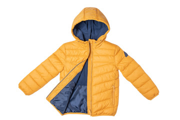 Childrens winter jacket. Stylish childrens yellow warm down jacket isolated on white background....