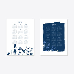 2019 flower decorative elegant calendar style cyanotype blue
